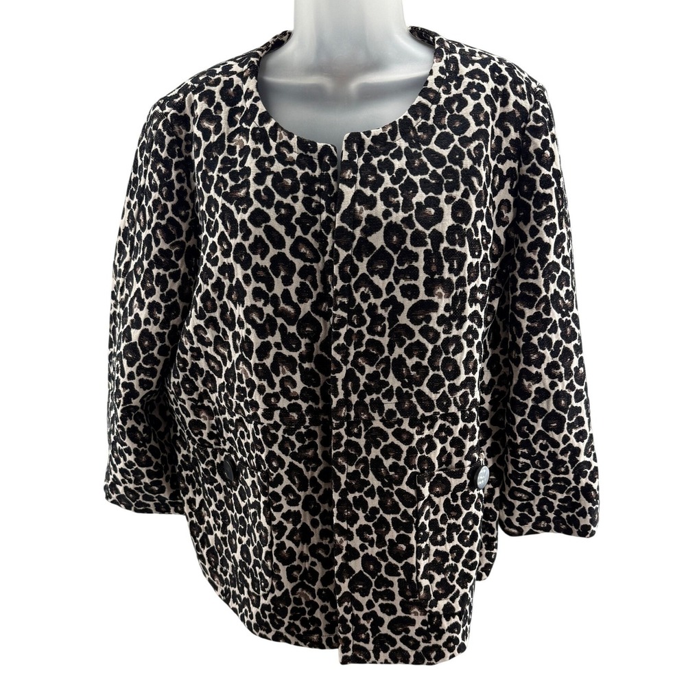 Chicos Leopard Print Open Front Jacket Blazer 3/4 Sleeve Size 3 XL 16/18